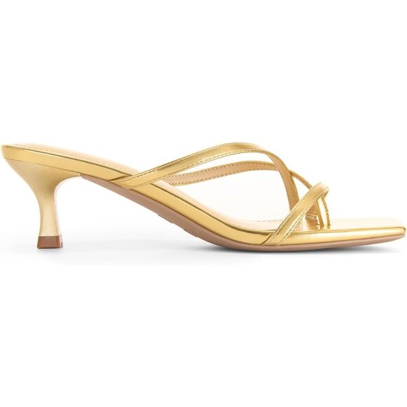 Athlefit Women's Gold Polyurethane Square Open Toe Kitten Heels Thong Sandals - Picture 2 of 6
